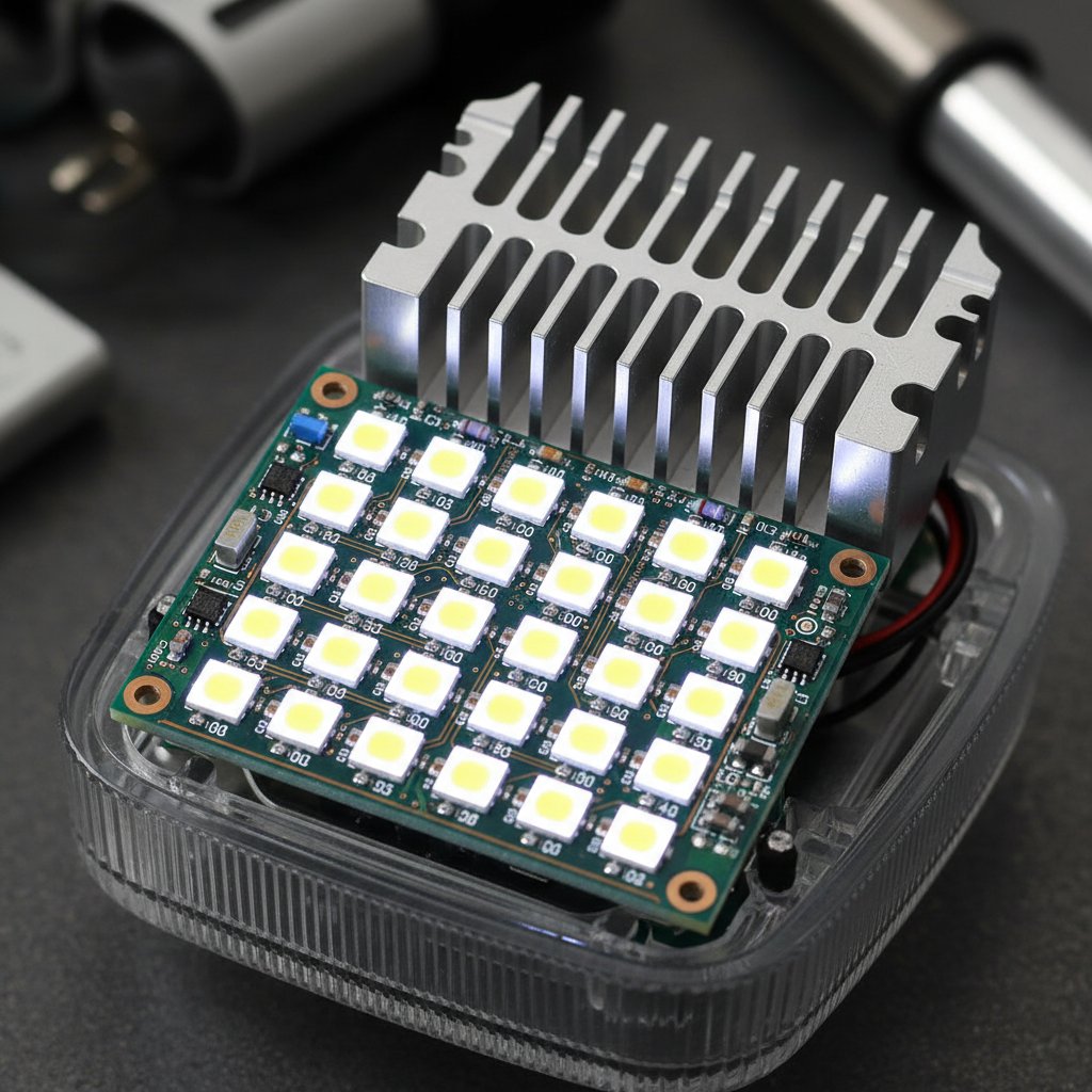 Macro shot of disassembled LED headlight showing circuit board and heat sink, high detail, led headlight technology