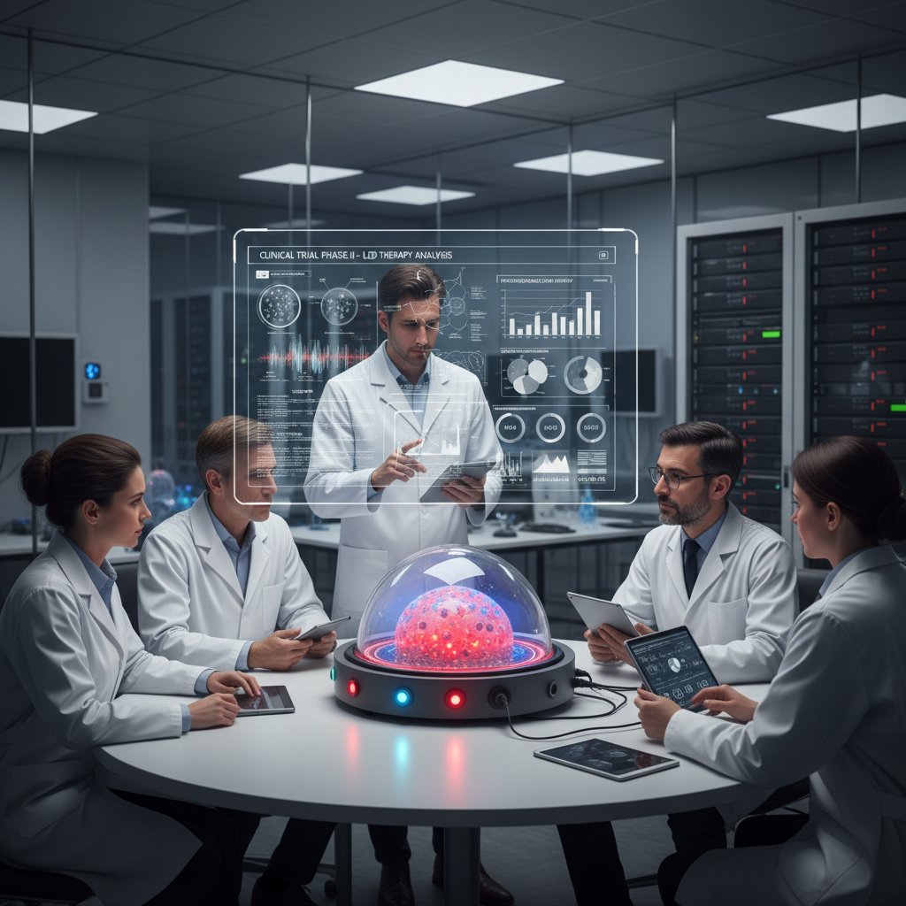 Grupa osób analizująca wyniki badań klinicznych nad terapią LED, profesjonalne środowisko