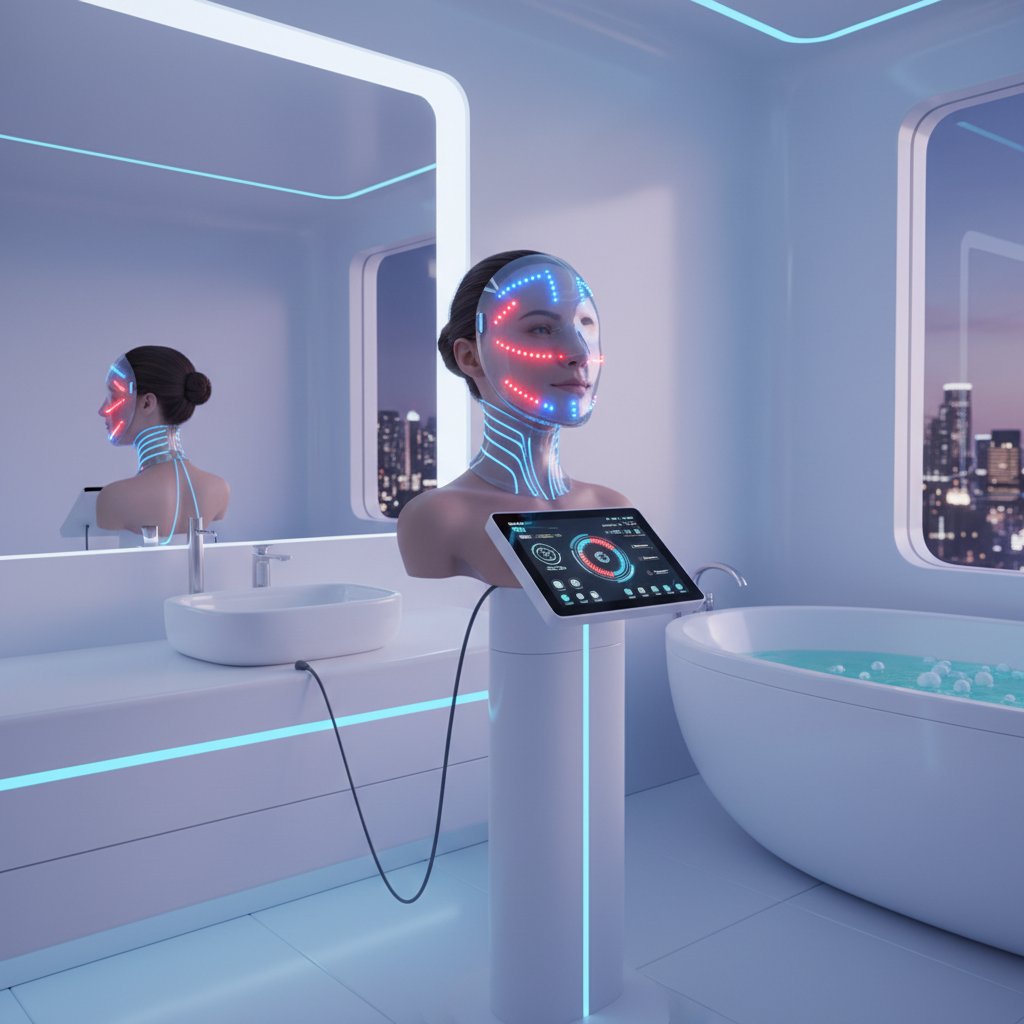Nowoczesna maska LED w domowej łazience, kobieta testująca terapię światłem