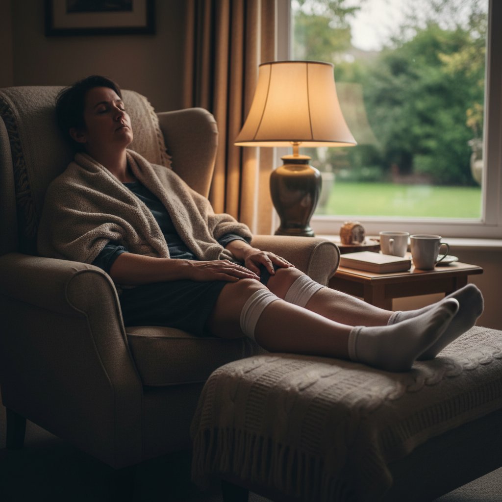 Zdjęcie osoby z obrzękami nóg siedzącej na kanapie w domowym otoczeniu