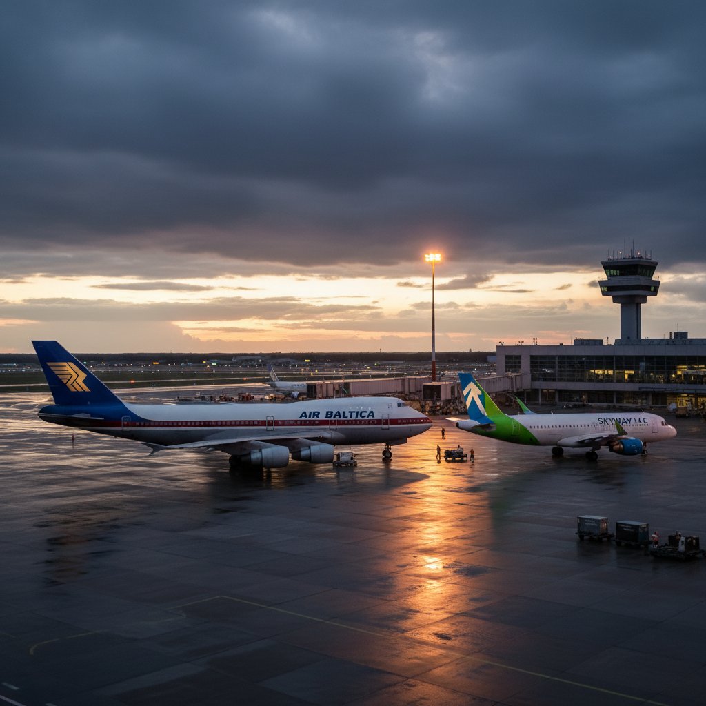 Contrasting planes from legacy and low-cost carriers at Riga airport, dramatic lighting