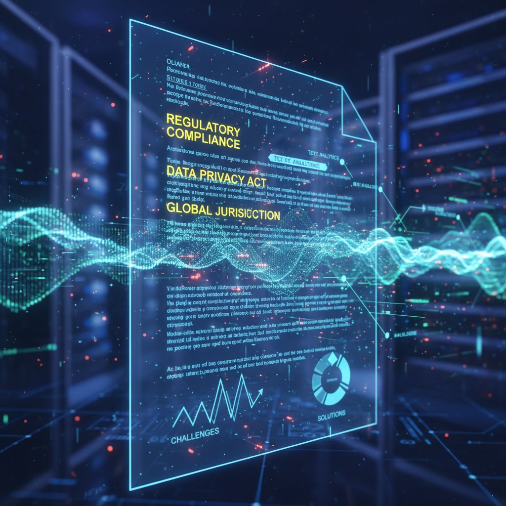 Legal document overlay on digital data streams, highlighting regulatory challenges for text analytics