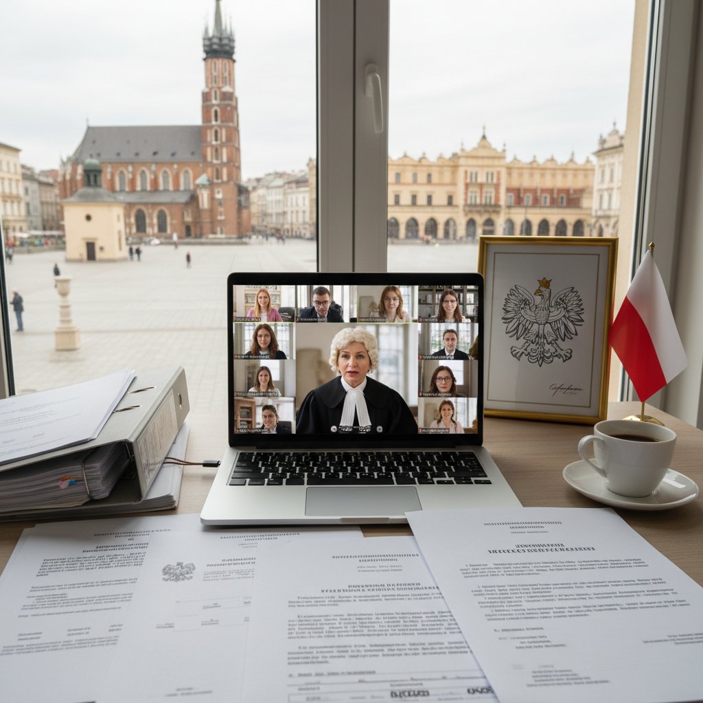Dokumenty prawne dotyczące pracy hybrydowej w Polsce na tle laptopa