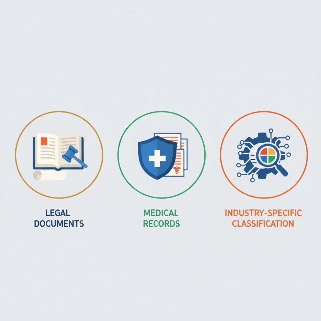 Contrasted photo of lawyers with legal documents and medical staff with patient files, illustrating industry-specific document classification in action