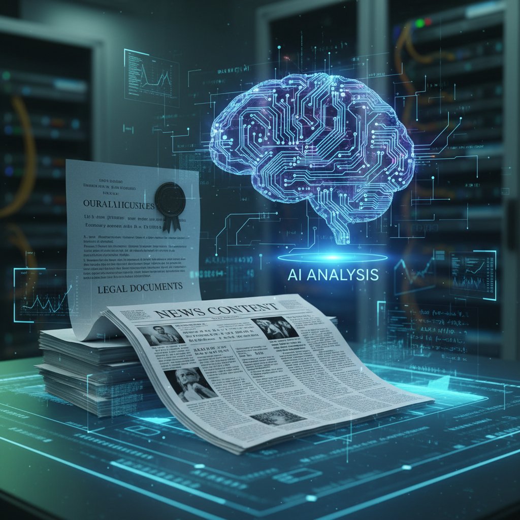 Legal documents and newsprint merging digitally, representing cross-industry AI analysis