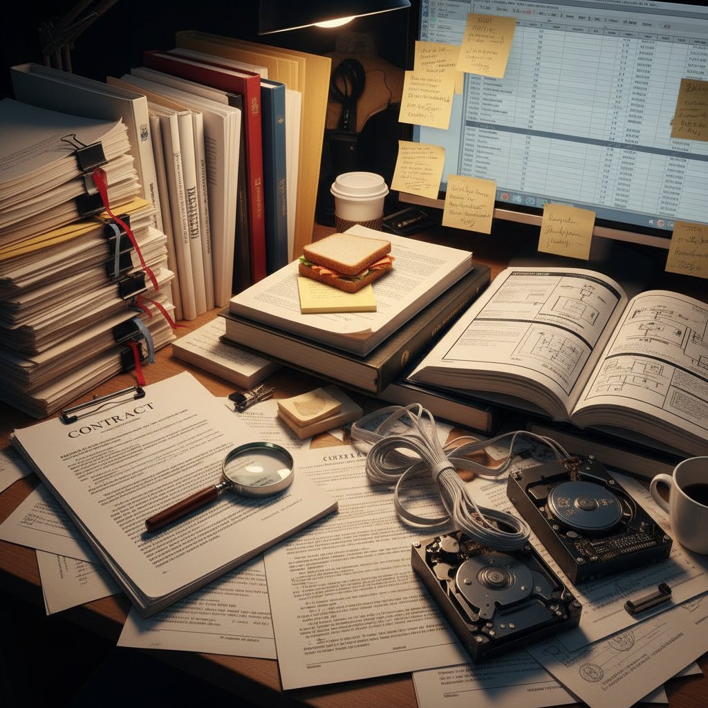 Photo depicting a messy desk with highlighted legal documents and technical manuals, representing document complexity caused by jargon and formatting
