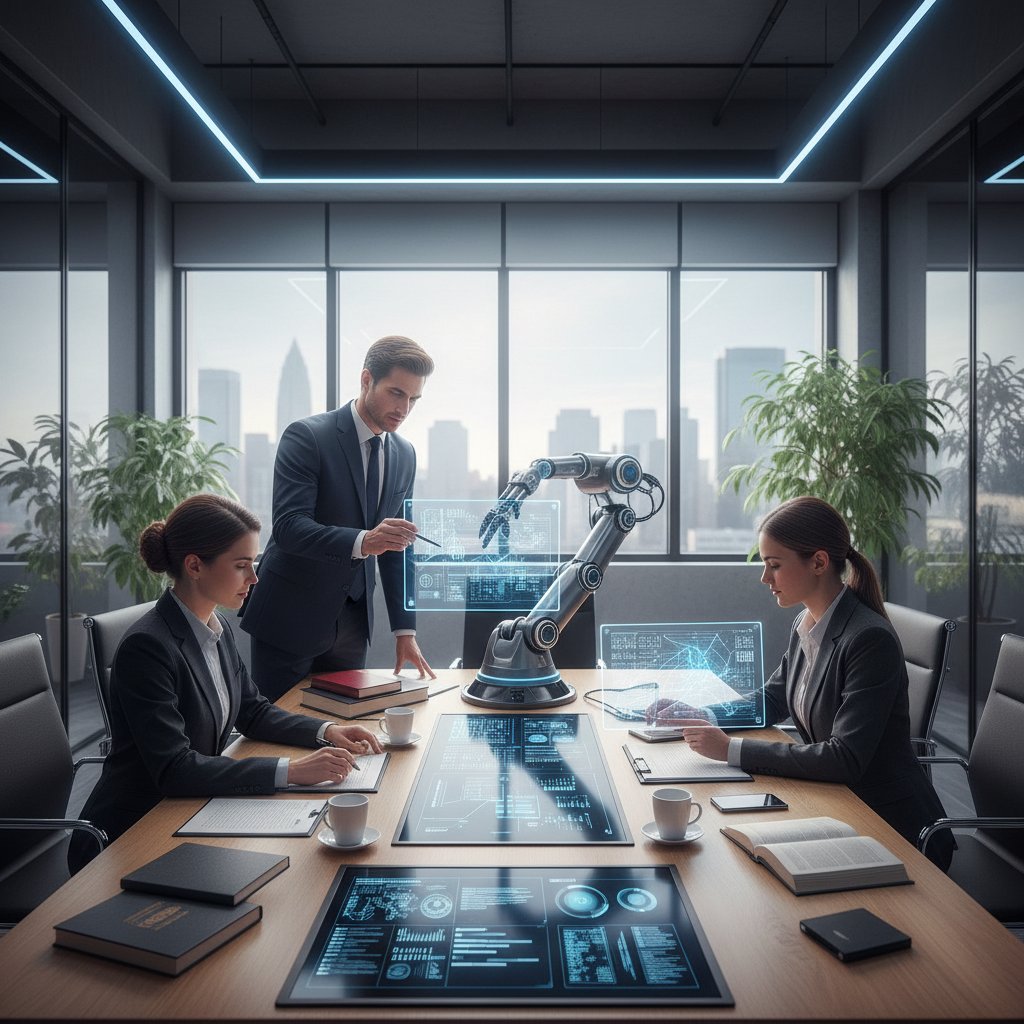 Zespół ekspertów prawnych i AI współpracujących przy komputerach nad odpowiedziami online