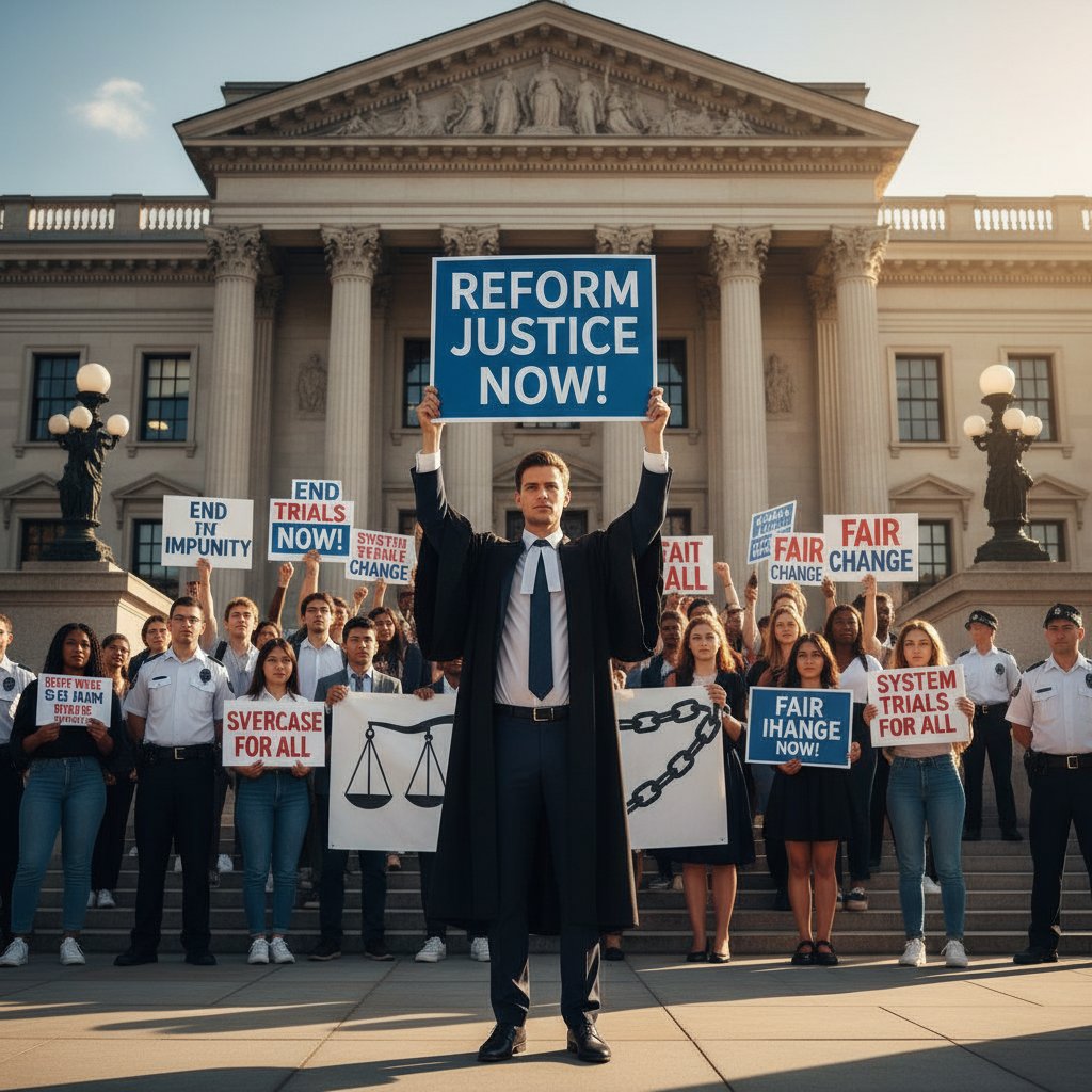 Protest outside a courthouse demanding legal reform and greater justice accessibility