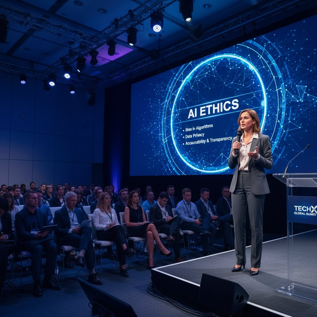 Legal professional speaking at a tech conference on AI and ethics