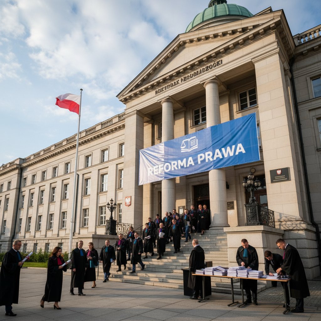 Zdjęcie symbolizujące przemiany prawne po 1989 roku: dokumenty, gmach sądu, polska flaga