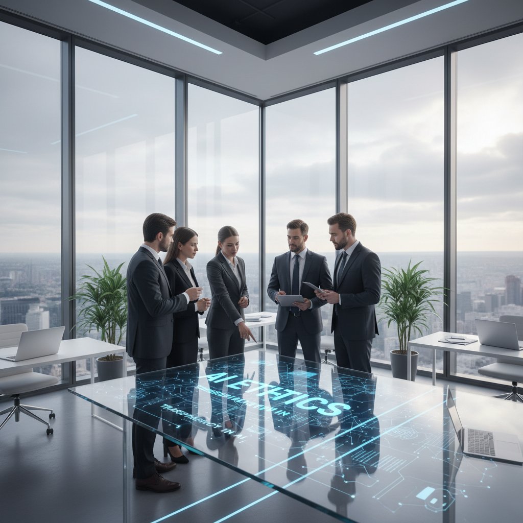 A legal team in heated discussion over AI ethics and transparency in a glass-walled office