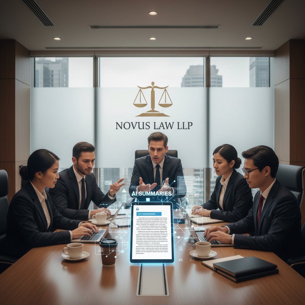Legal team collaborating over AI-generated summaries, editorial meeting, professional discussion