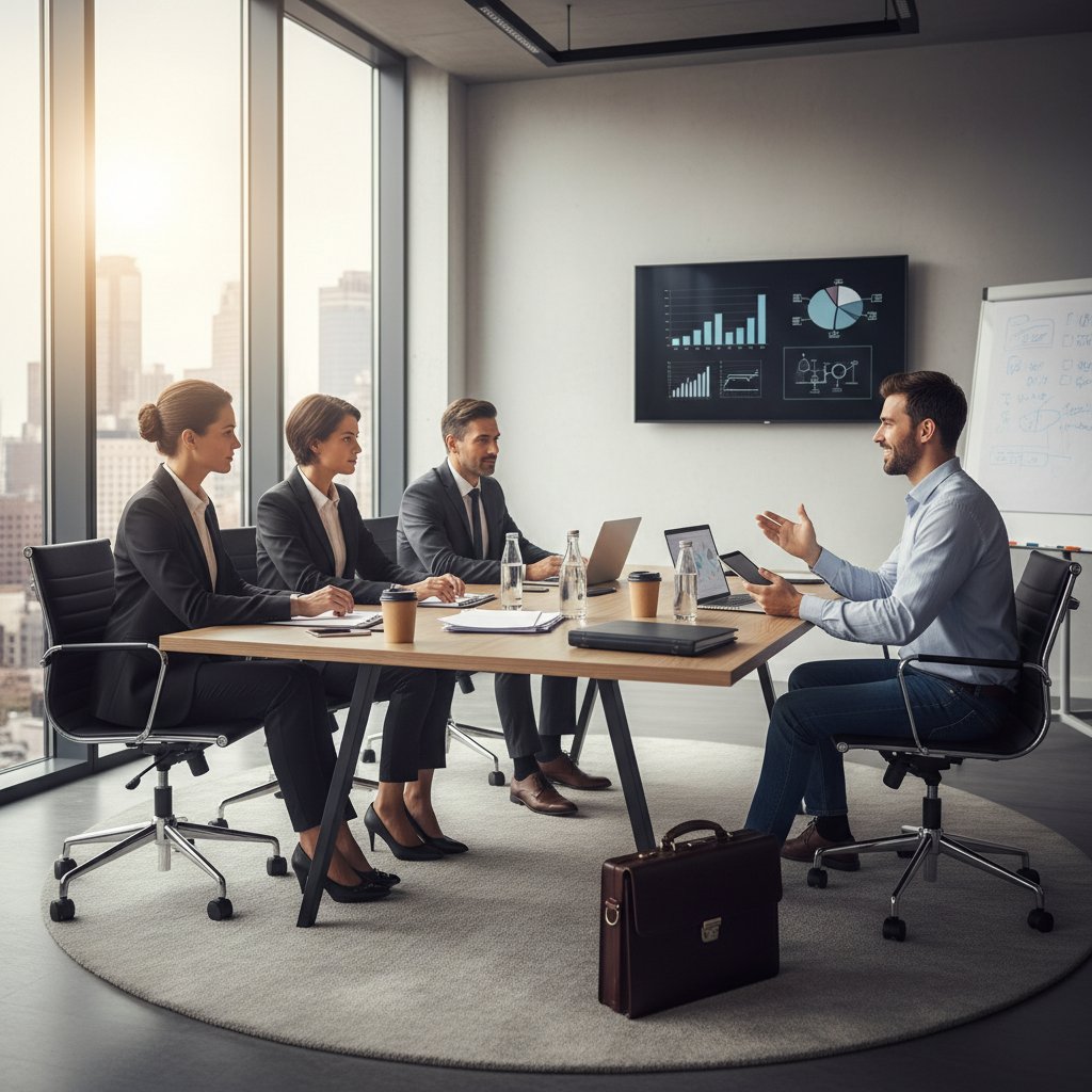Zespół prawny konsultujący się z przedsiębiorcą w sali konferencyjnej