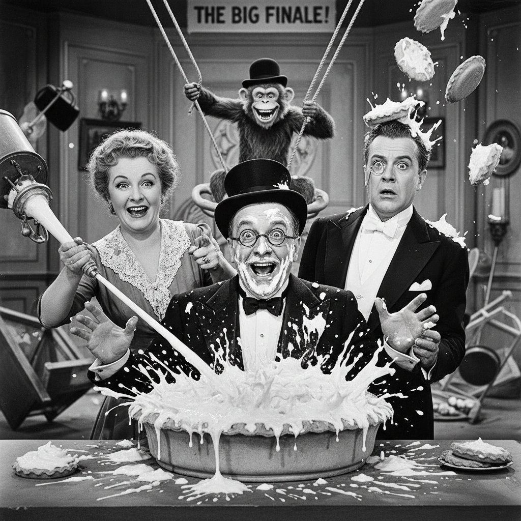 Legendary golden era comedy—expressive faces in climactic gag scene