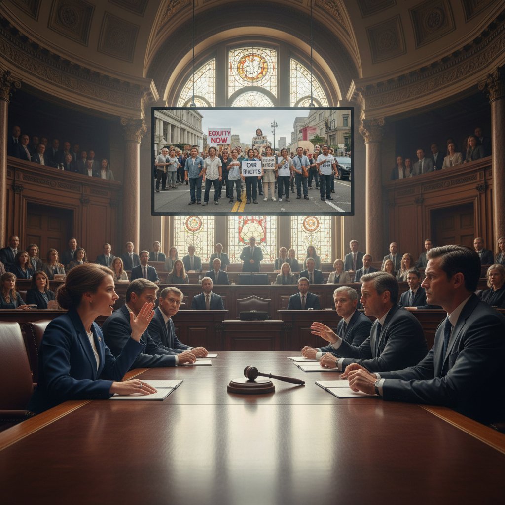 Lawmakers viewing a social issue movie during debate.