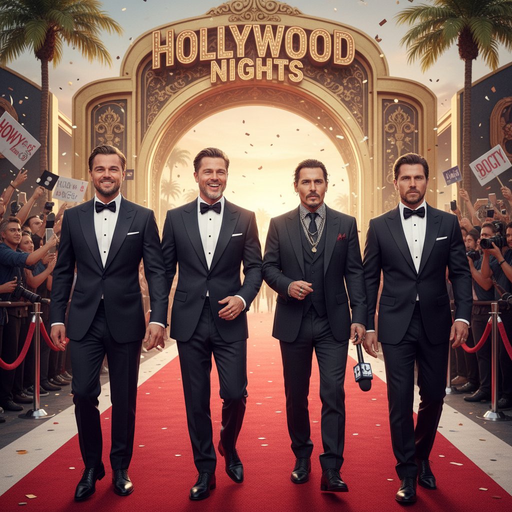 Photo collage of DiCaprio, Pitt, Depp, and Bale on separate red carpets, intense expressions, award night energy