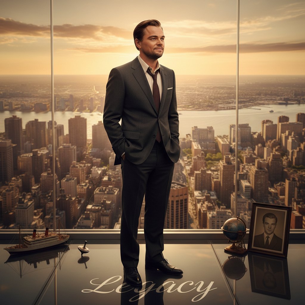 Cinematic photo of Leonardo DiCaprio looking into the distance, moody light, cityscape, sense of legacy