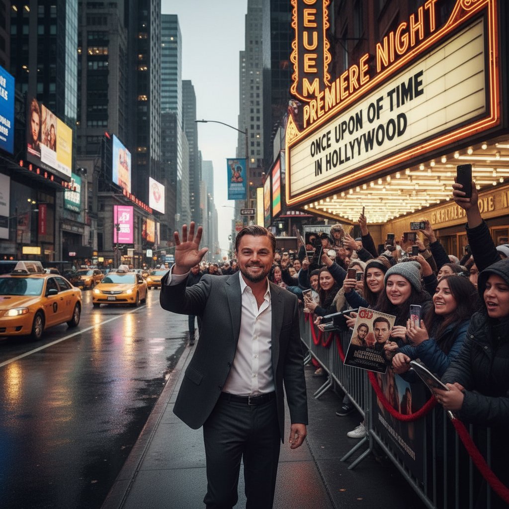 Fans and activists outside a cinema, holding posters of DiCaprio movies, urban setting, passionate atmosphere
