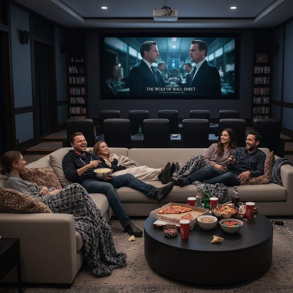 Home theater setup, friends watching a Leonardo DiCaprio marathon, popcorn, cozy lighting, movie posters