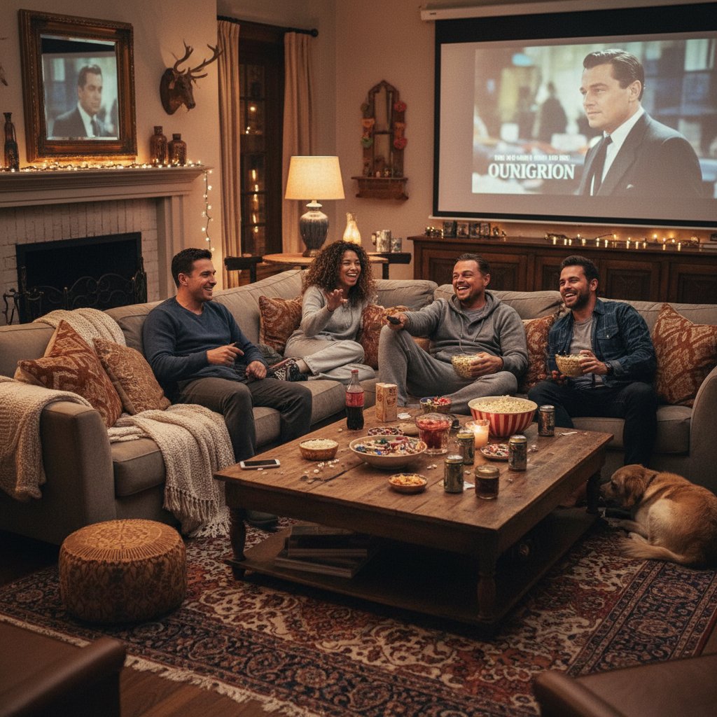 Group of friends watching a Leonardo DiCaprio marathon at home, cozy setting, snacks, laughter