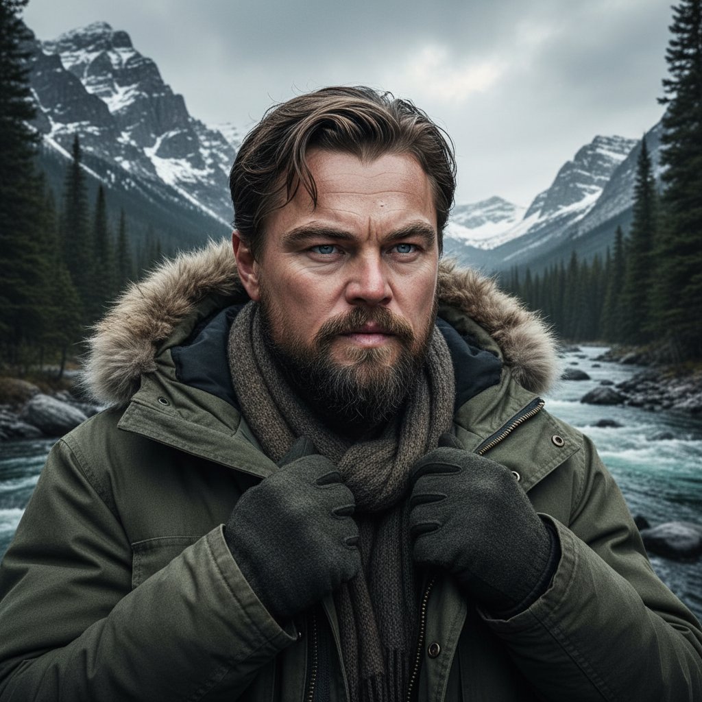 Leonardo DiCaprio in character, rugged outdoors, intense expression, dark and moody cinematic lighting