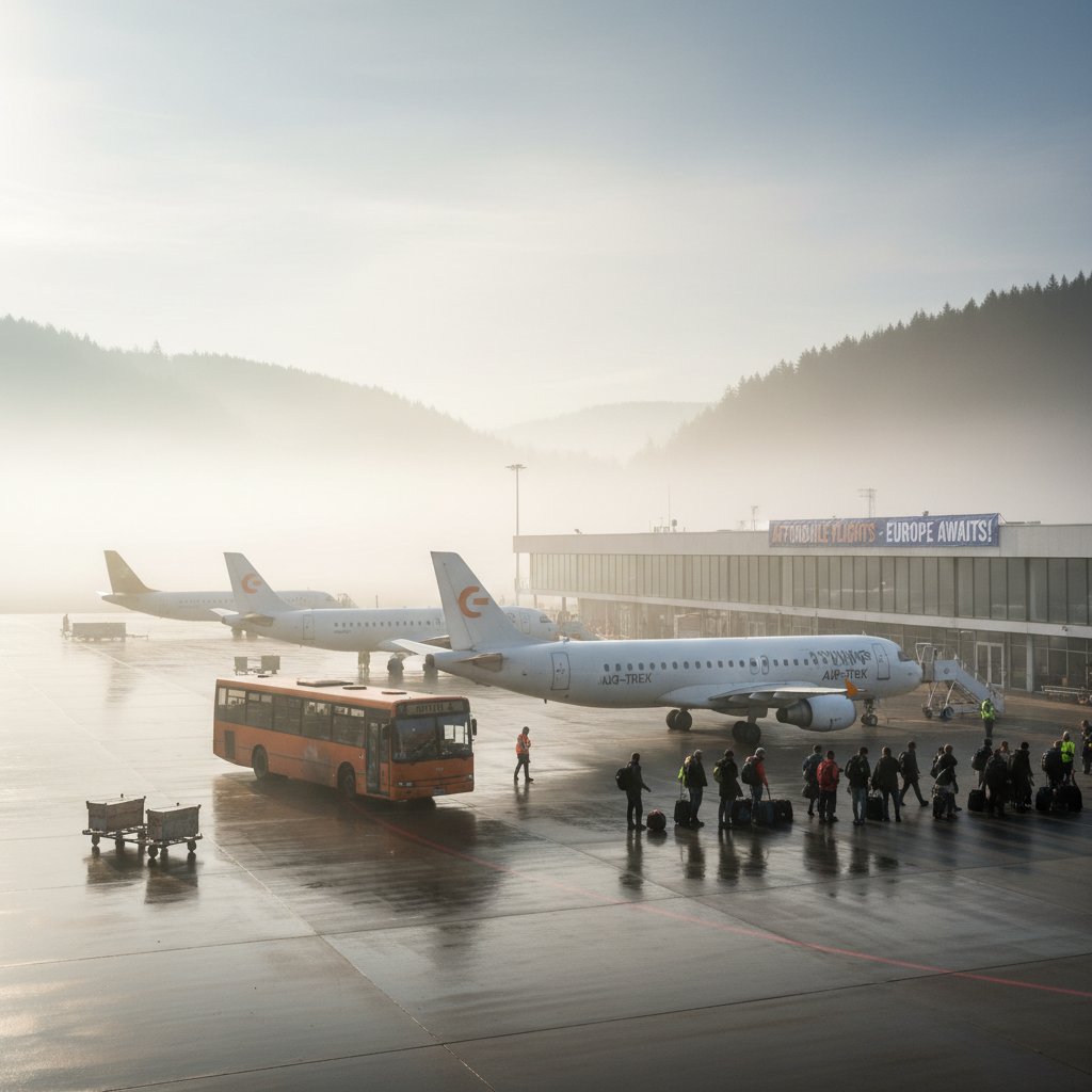 Atmospheric wide-angle shot of a lesser-known European airport at misty morning, symbolizing hidden gems for affordable flights budget travelers
