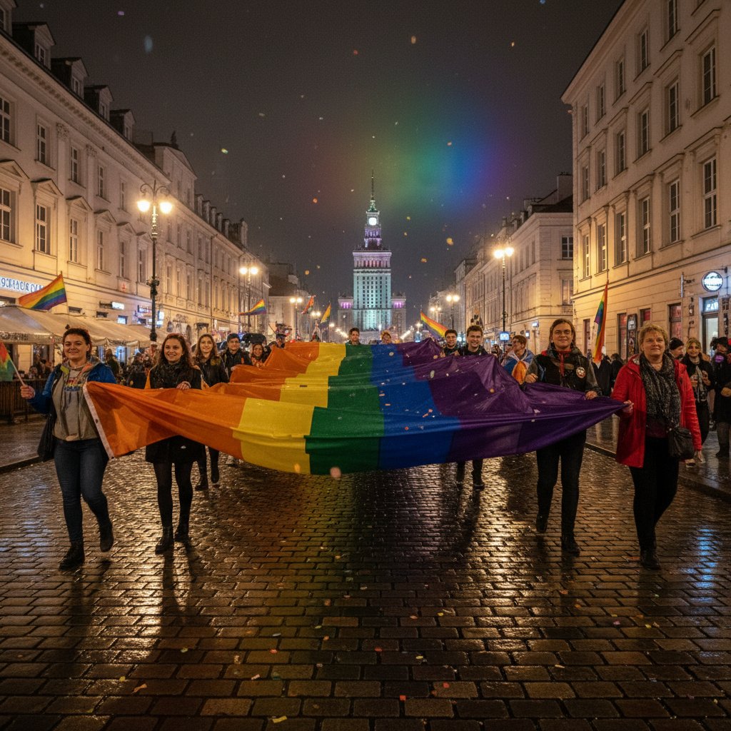 Grupa aktywistów LGBT podczas marszu, Warszawa nocą, kontrast światła i cienia, emocje