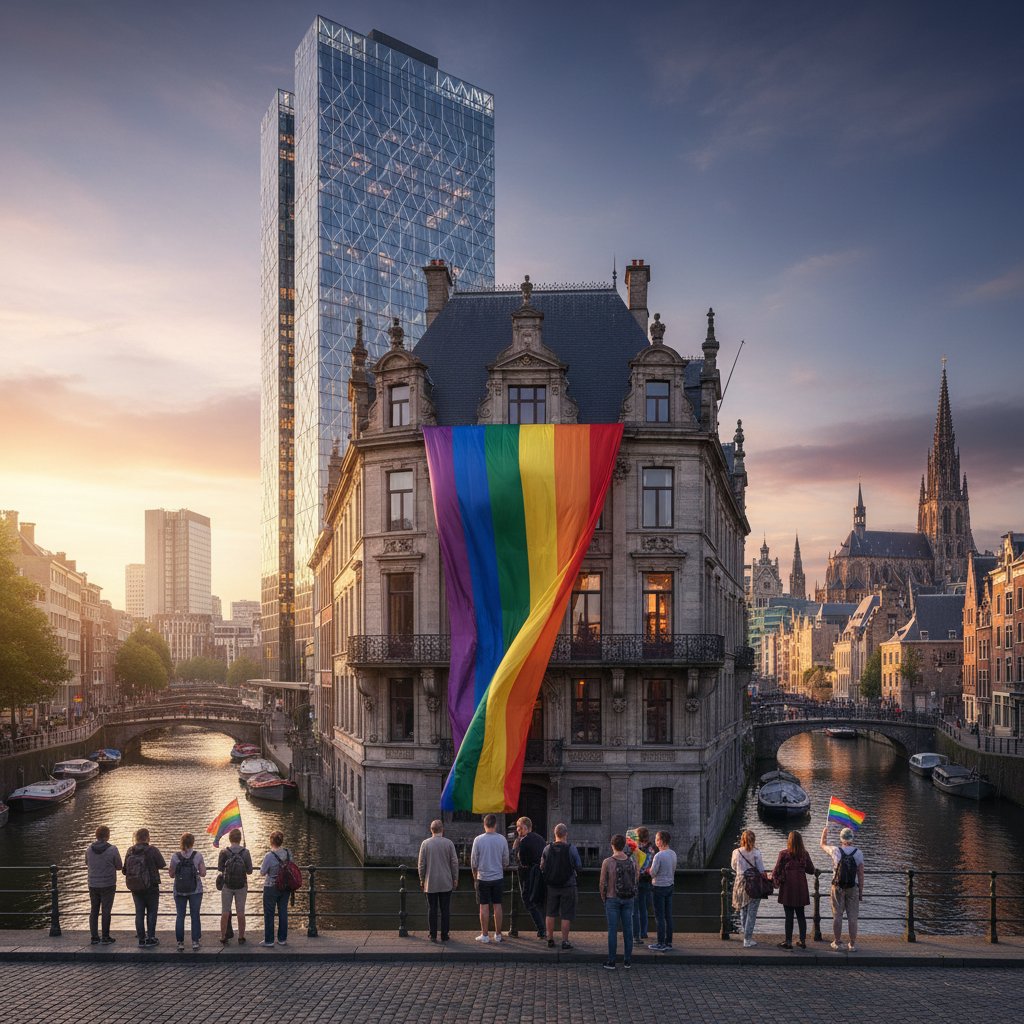 Młoda osoba z tęczową flagą na tle zachodnioeuropejskiego miasta – kontrast Polska-Europa