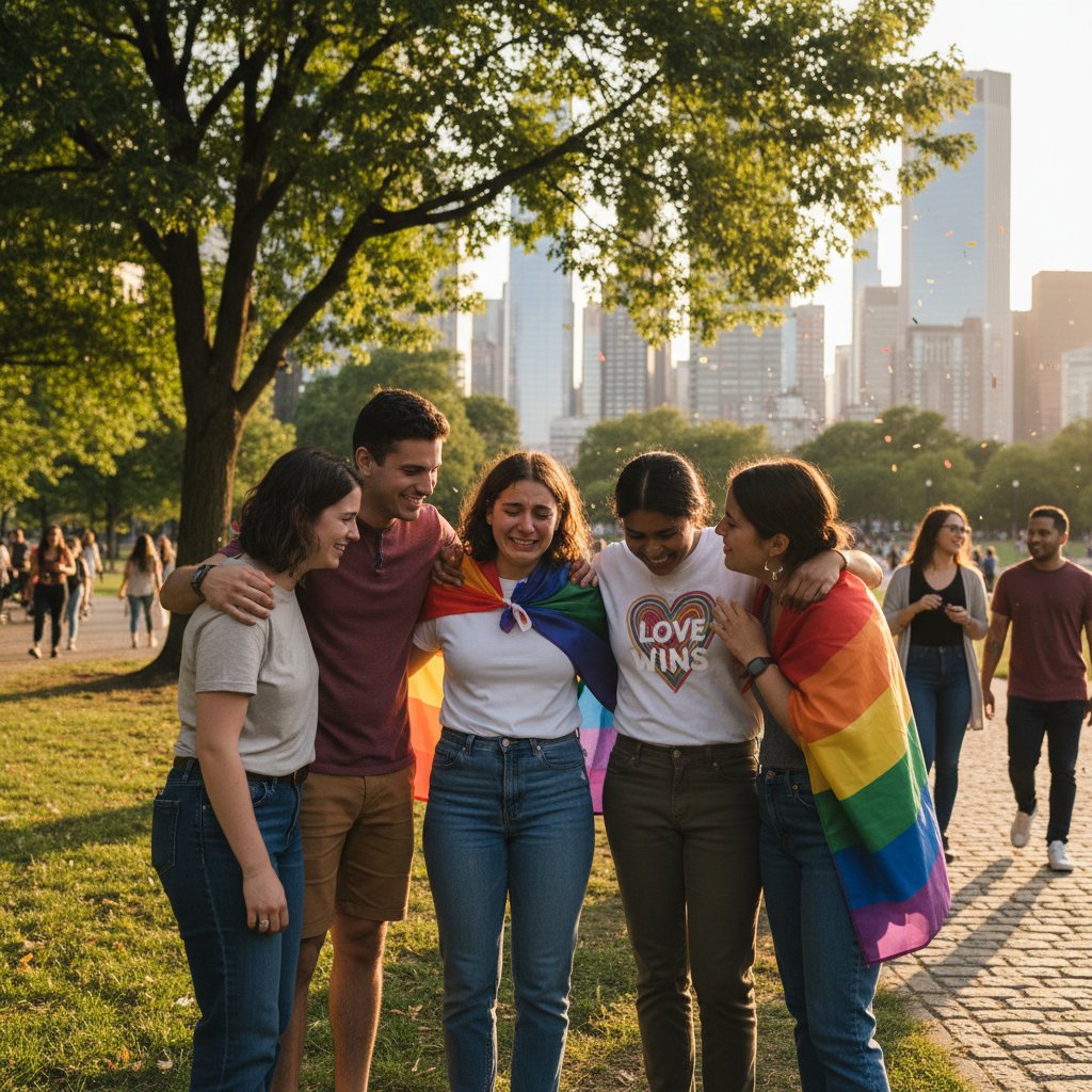 Dwie osoby LGBT siedzące na ławce w parku, zamyślone, wsparcie emocjonalne