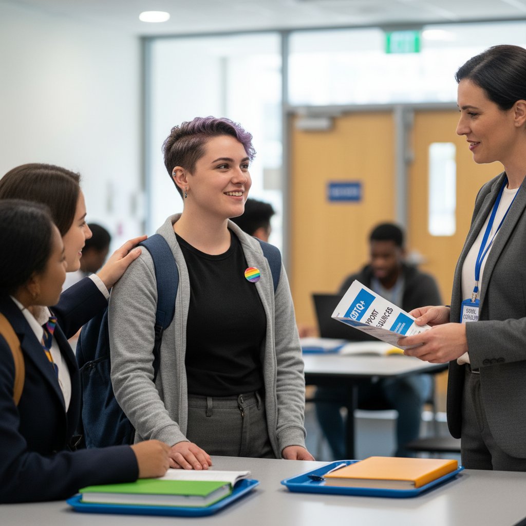 Młoda osoba w szkole/pracy, rozmawiająca z pedagogiem lub HR