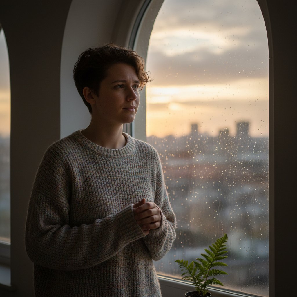 Portret młodej osoby LGBT patrzącej w okno, światło i cień, nadzieja i niepewność