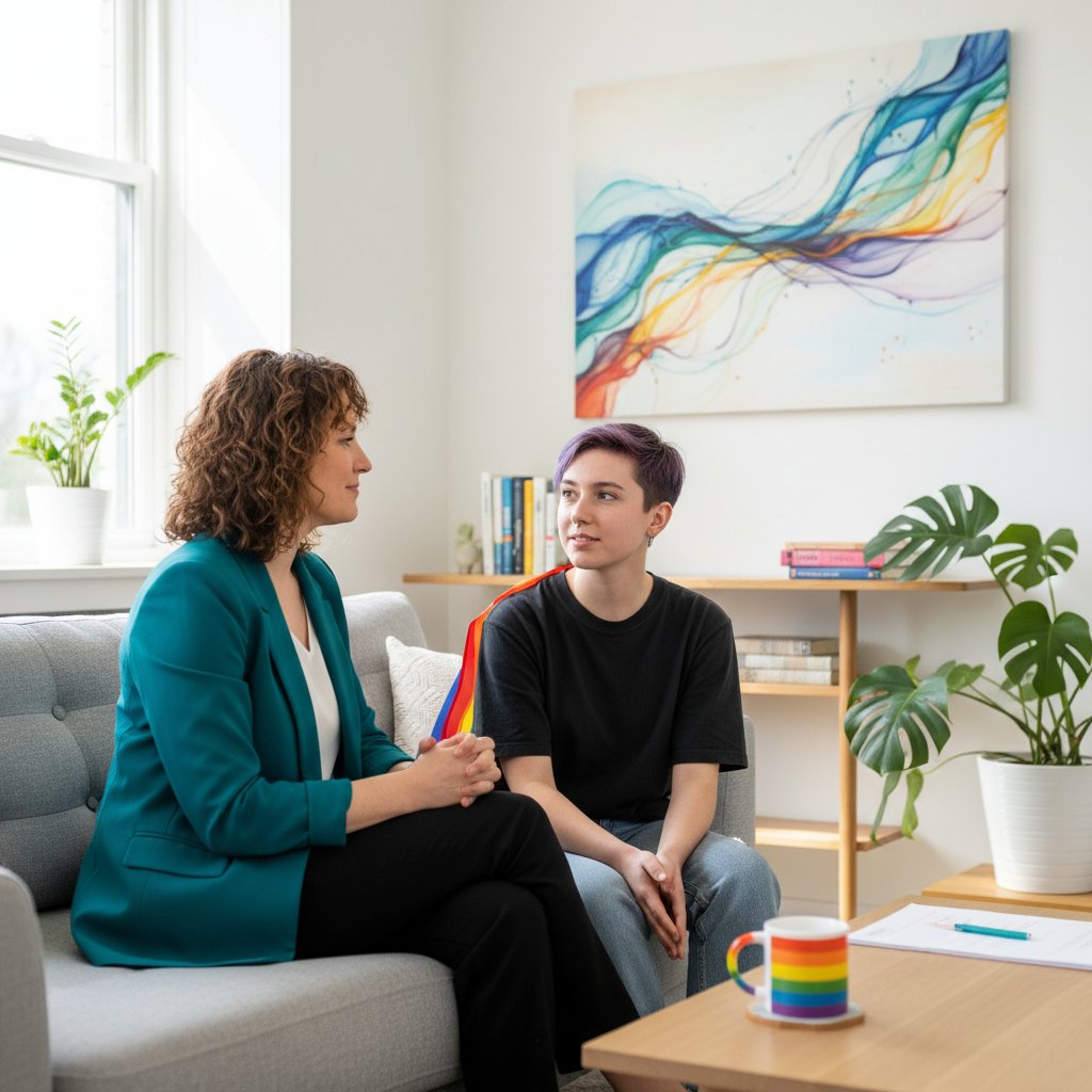 Młoda osoba rozmawiająca z psychologiem, neutralna atmosfera, tęczowy element w detalach