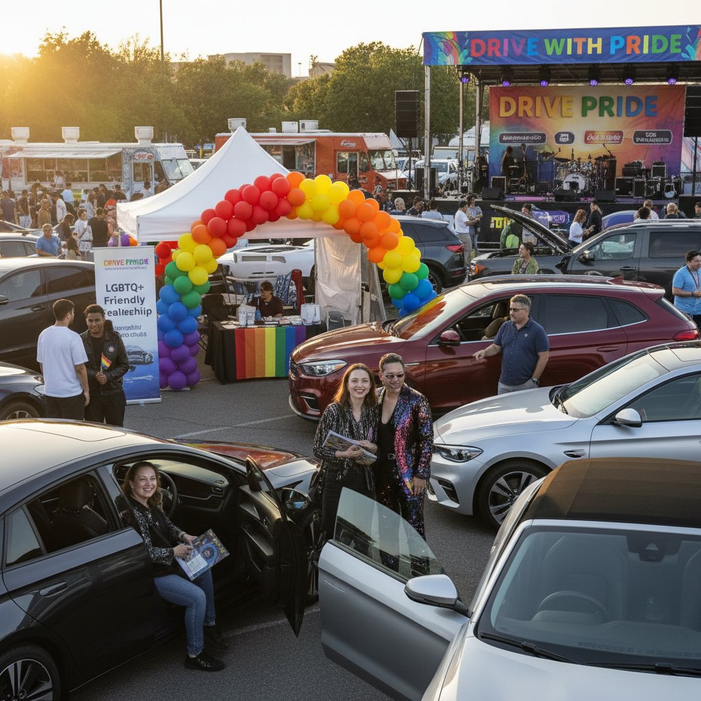 LGBTQ+ car buyers engaging at a car event, highlighting diversity in automotive demographics