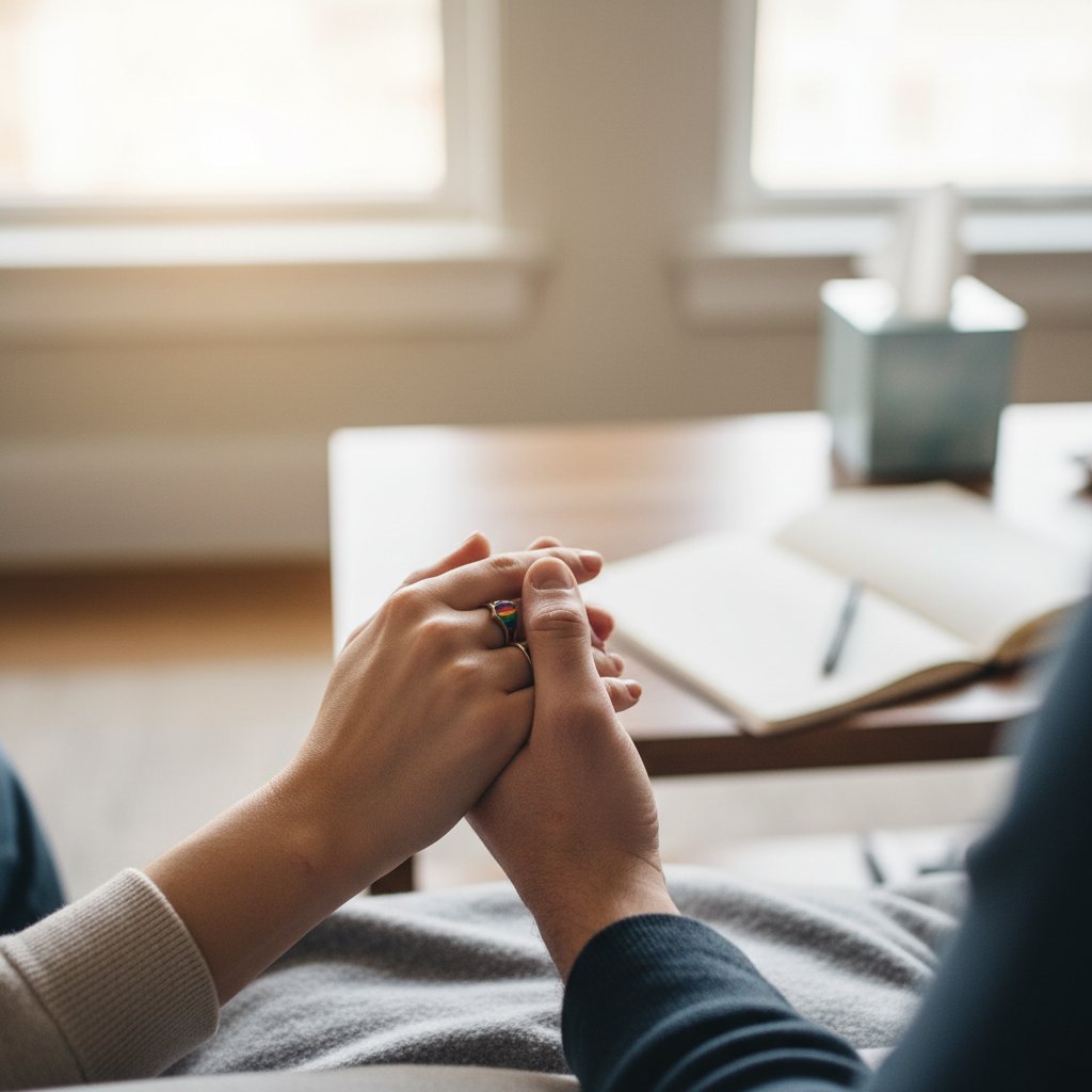 Dwie osoby trzymające się za ręce, symbol akceptacji i wsparcia w terapii LGBTQ+