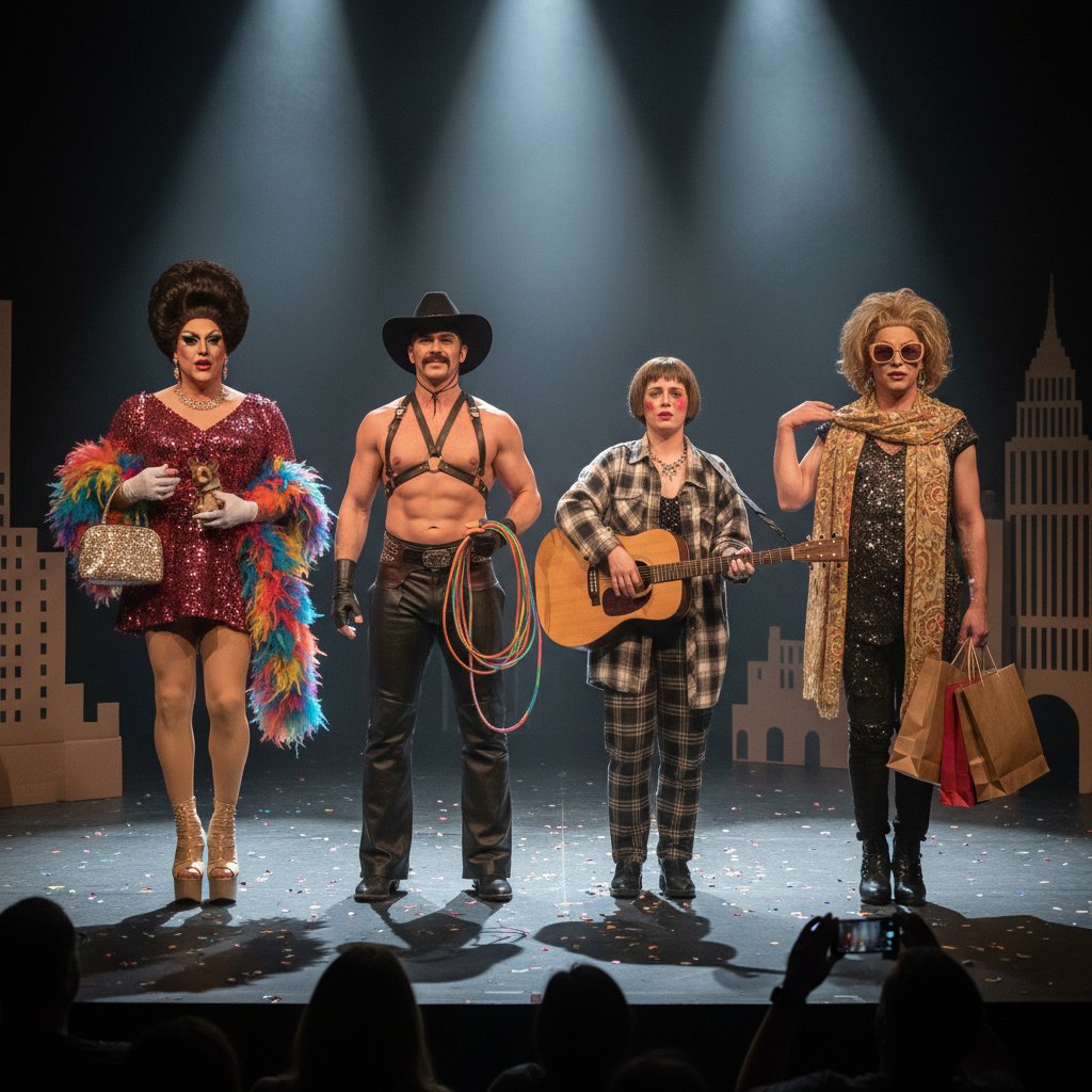 Misrepresentation in cinema: actors in exaggerated costumes, artificial smiles, harsh lighting