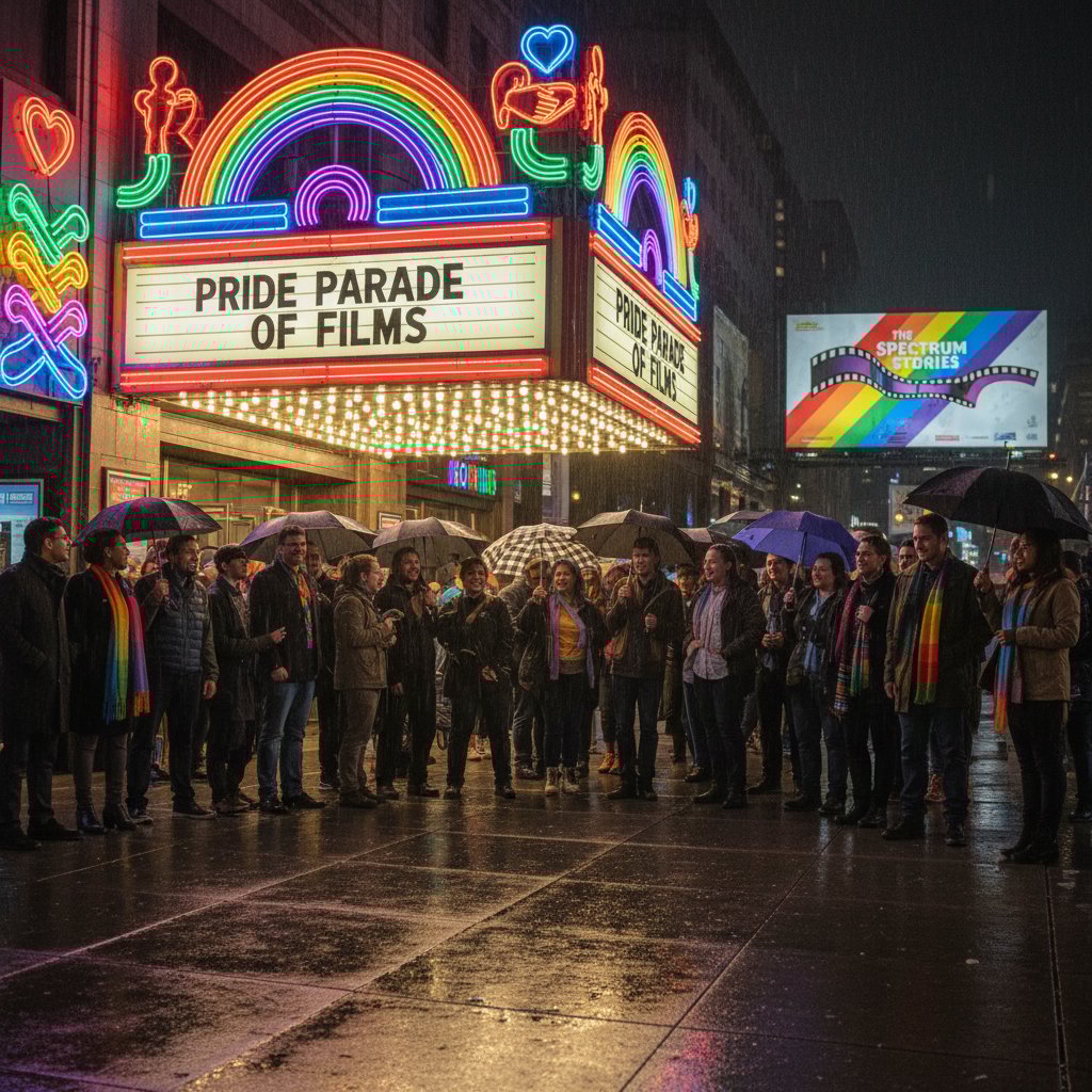 LGBTQ representation in cinema: diverse crowd at urban movie screening, neon lights, visible pride