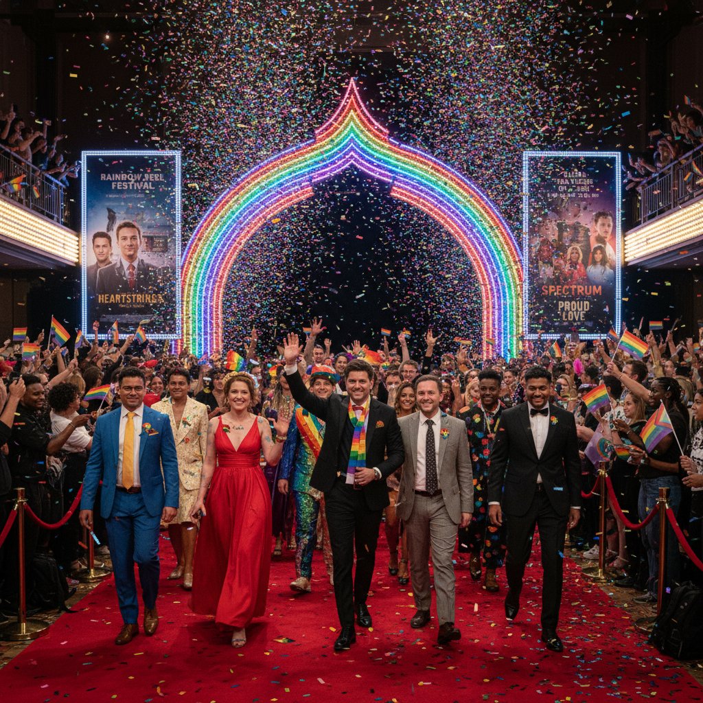 Mainstream celebration: cast and audience at queer film premiere, rainbow confetti, red carpet diversity
