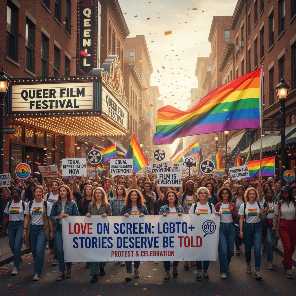 Controversy and protest: activists rallying outside cinema, film posters torn, rainbow flags raised