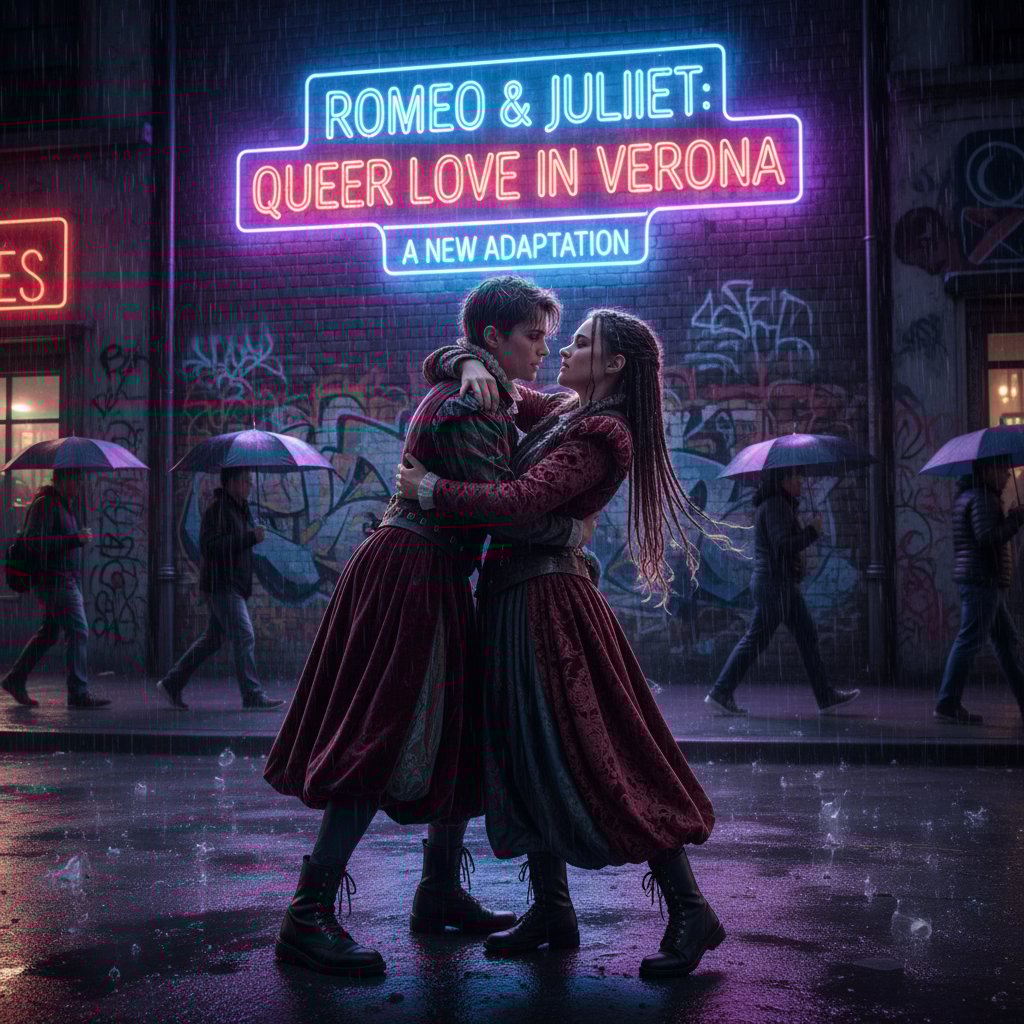 LGBTQ-themed Shakespeare adaptation on a city night street
