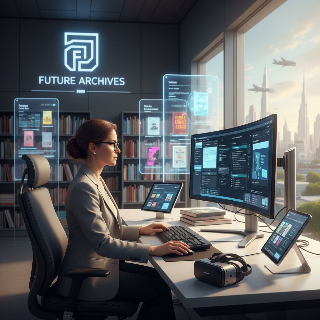 Bibliotekarz katalogujący cyfrowe źródła historyczne na komputerze, nowoczesna biblioteka