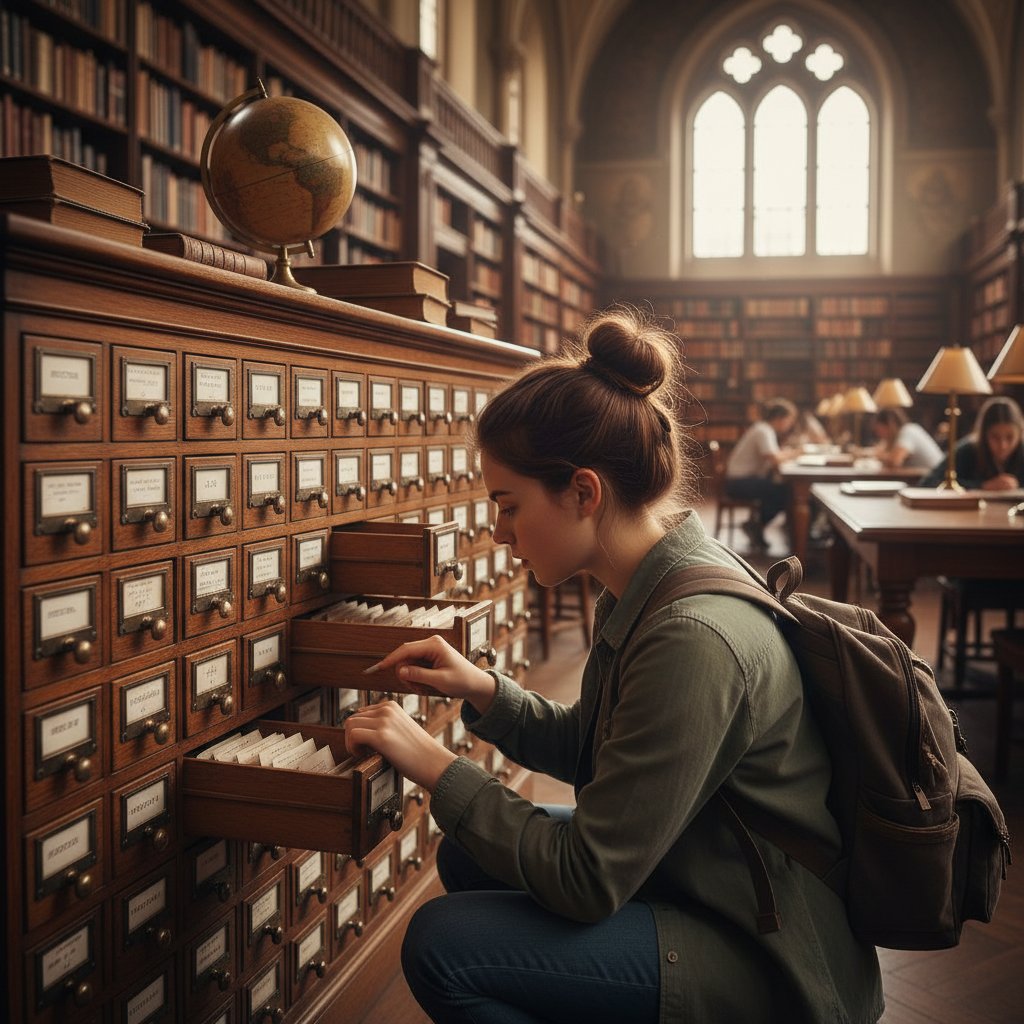 Stary katalog biblioteczny – przeszukiwanie kartotek przez studenta, ewolucja baz danych bibliotek
