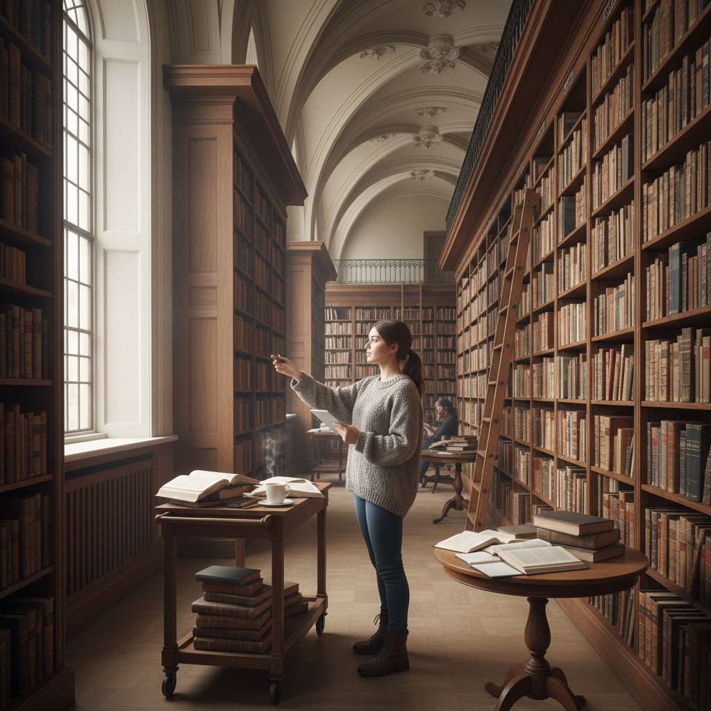 Biblioteka z osobą szukającą informacji przy regale książek