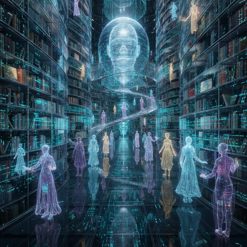 Transformation from traditional libraries to AI-powered research: library-stacks--digital-code--ai-avatars