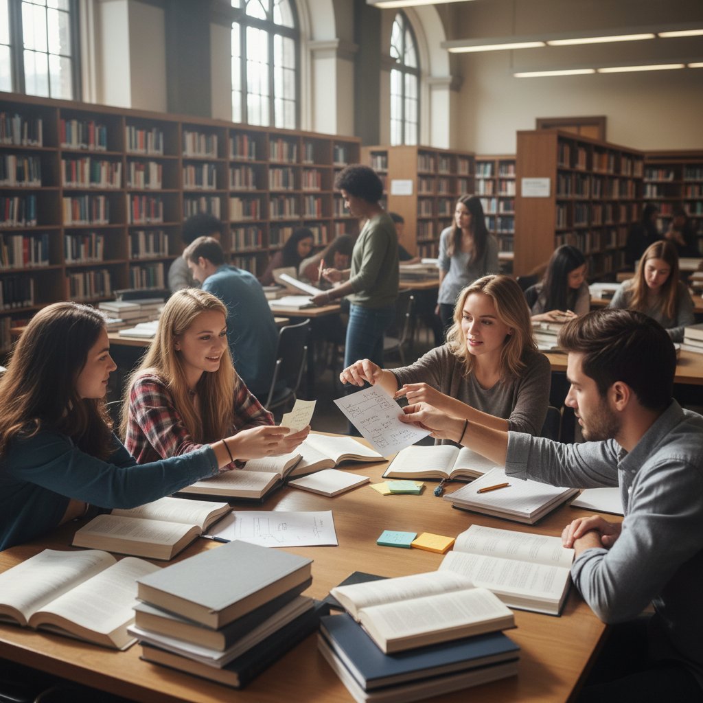 Grupa uczniów wymieniająca się papierowymi notatkami i kserówkami w szkolnej bibliotece
