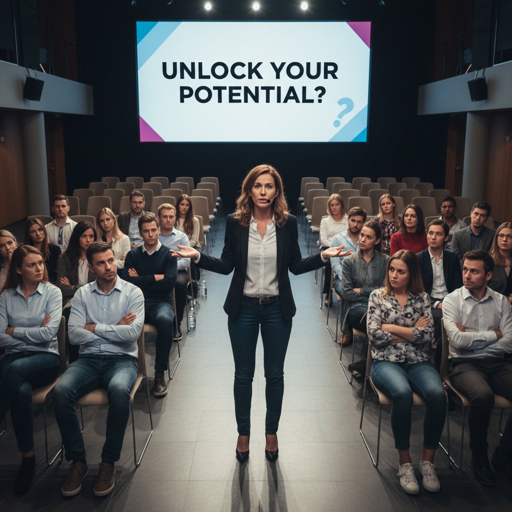 Coach podczas wykładu, publiczność słucha z mieszanką sceptycyzmu i zainteresowania