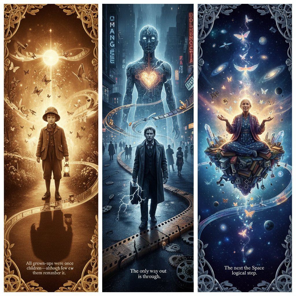 Life phases represented through movie scenes, spiritual journey, transformation