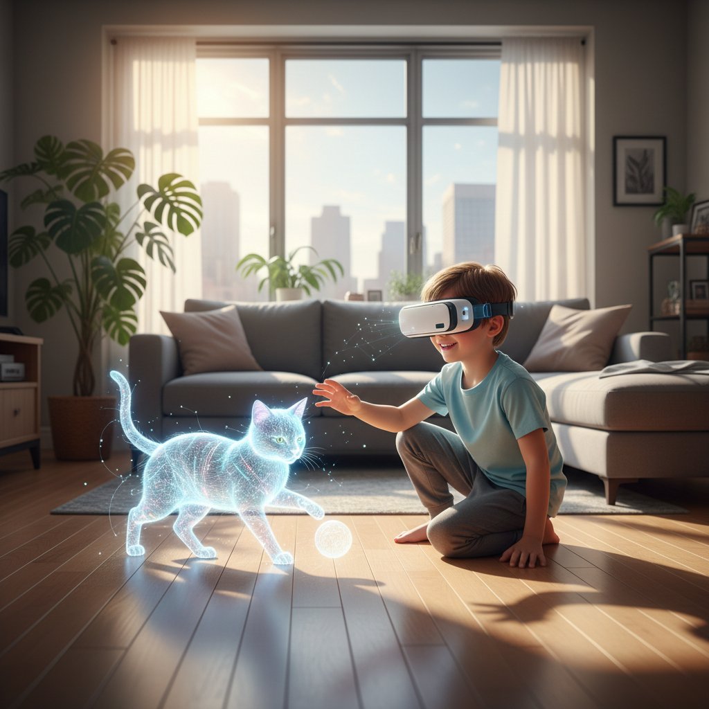 Interaktywny wirtualny kotek na stole w polskim mieszkaniu