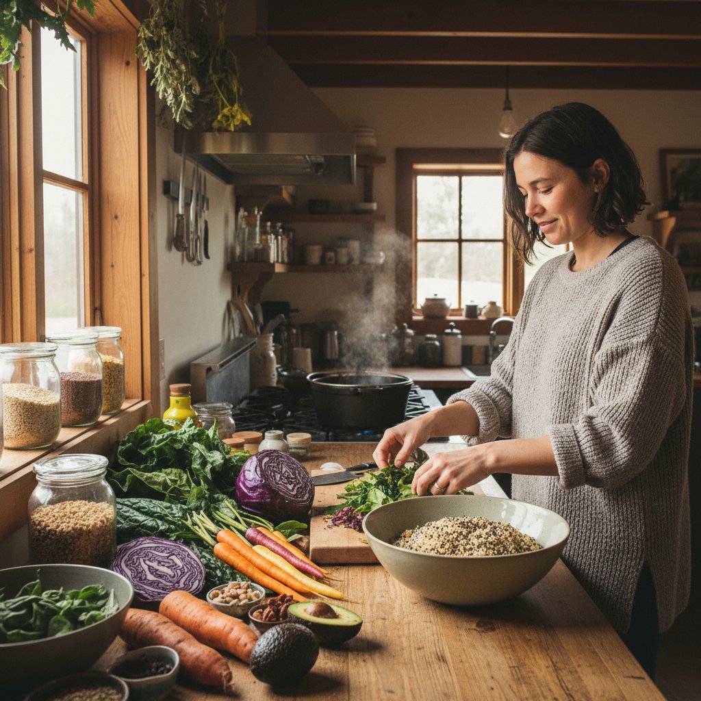 Przygotowanie posiłku bogatego w elektrolity w domu – domowa kuchnia, naturalne światło, osoba komponująca mineralny posiłek