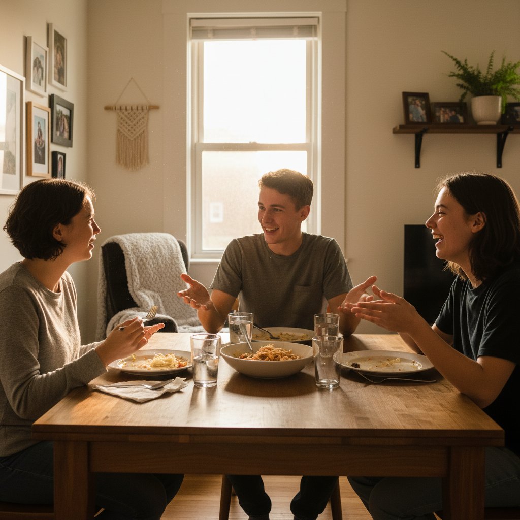 Rodzina stosująca zasady edukacji psychologicznej przy wspólnym posiłku