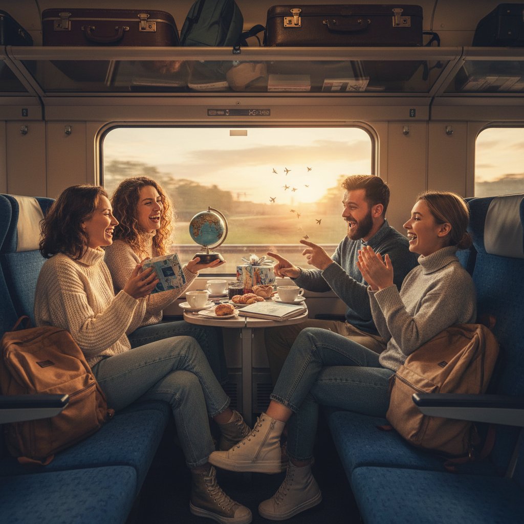 Grupa przyjaciół ciesząca się prezentem podróżniczym w pociągu